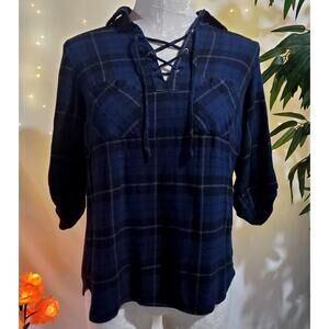 Knox Rose Plaid Lace-Up Collared Waffle Knit Back Hi-Low 3/4 Sleeve Blue Top S